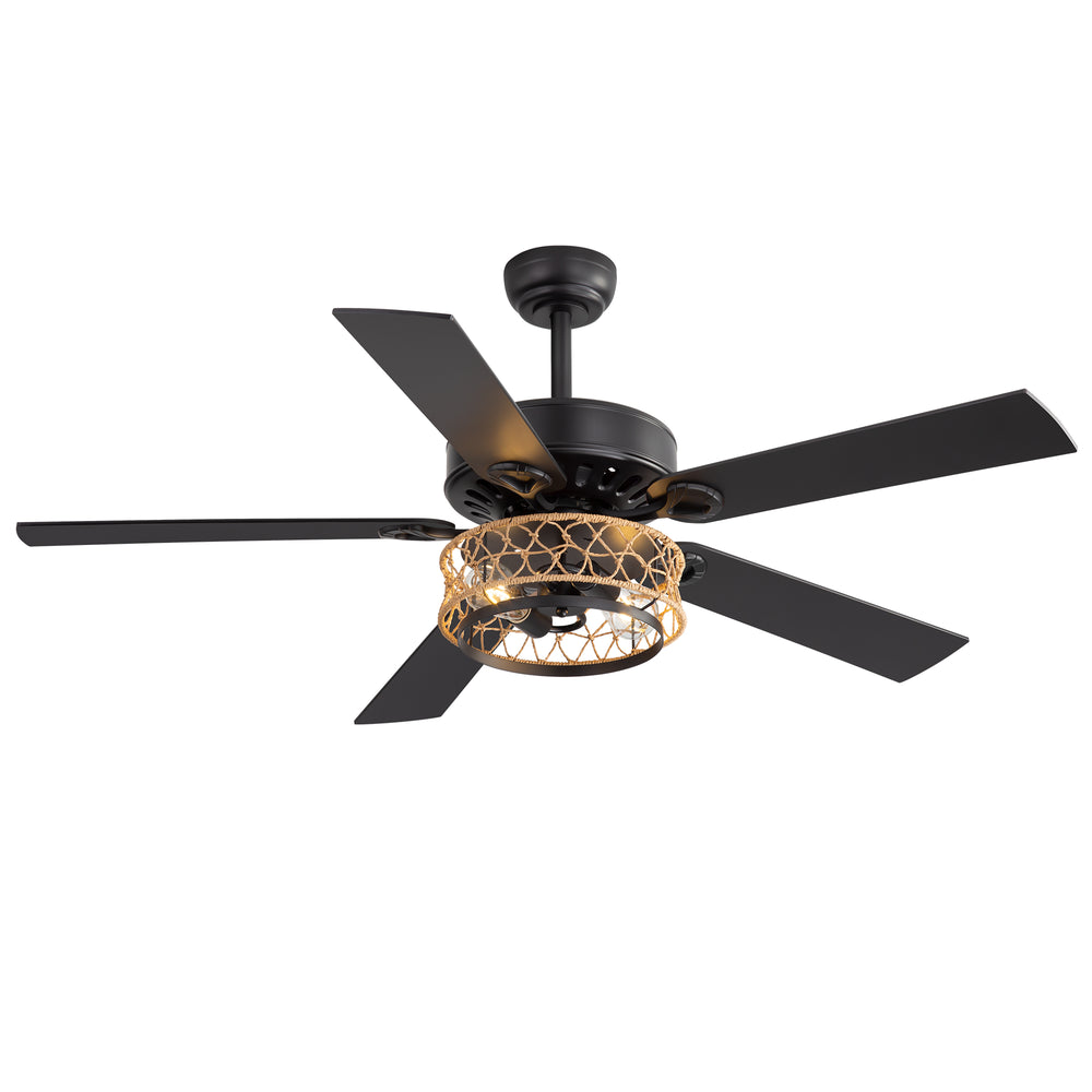 52" Rope Cage Ceiling Fan with Light, Matte Black Finish, Handwoven Rope-Accented Iron Shade, 5 Reversible  Blades, Dual E26 Bulb Base (Bulbs Not Included), Quiet DC Motor, 6 Speeds with Timer, Remote, 5" and 10" Downrods Included, Forward/Reverse Airflow