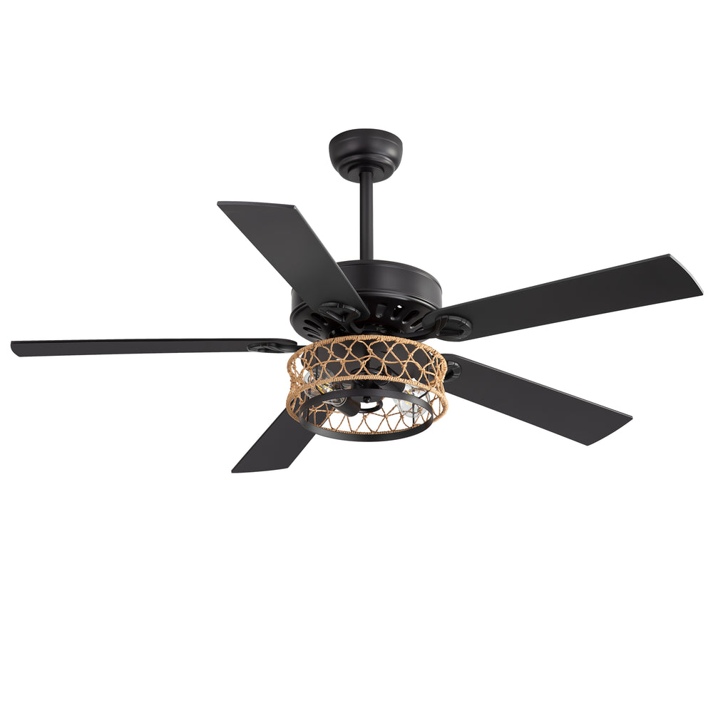 52" Rope Cage Ceiling Fan with Light, Matte Black Finish, Handwoven Rope-Accented Iron Shade, 5 Reversible  Blades, Dual E26 Bulb Base (Bulbs Not Included), Quiet DC Motor, 6 Speeds with Timer, Remote, 5" and 10" Downrods Included, Forward/Reverse Airflow