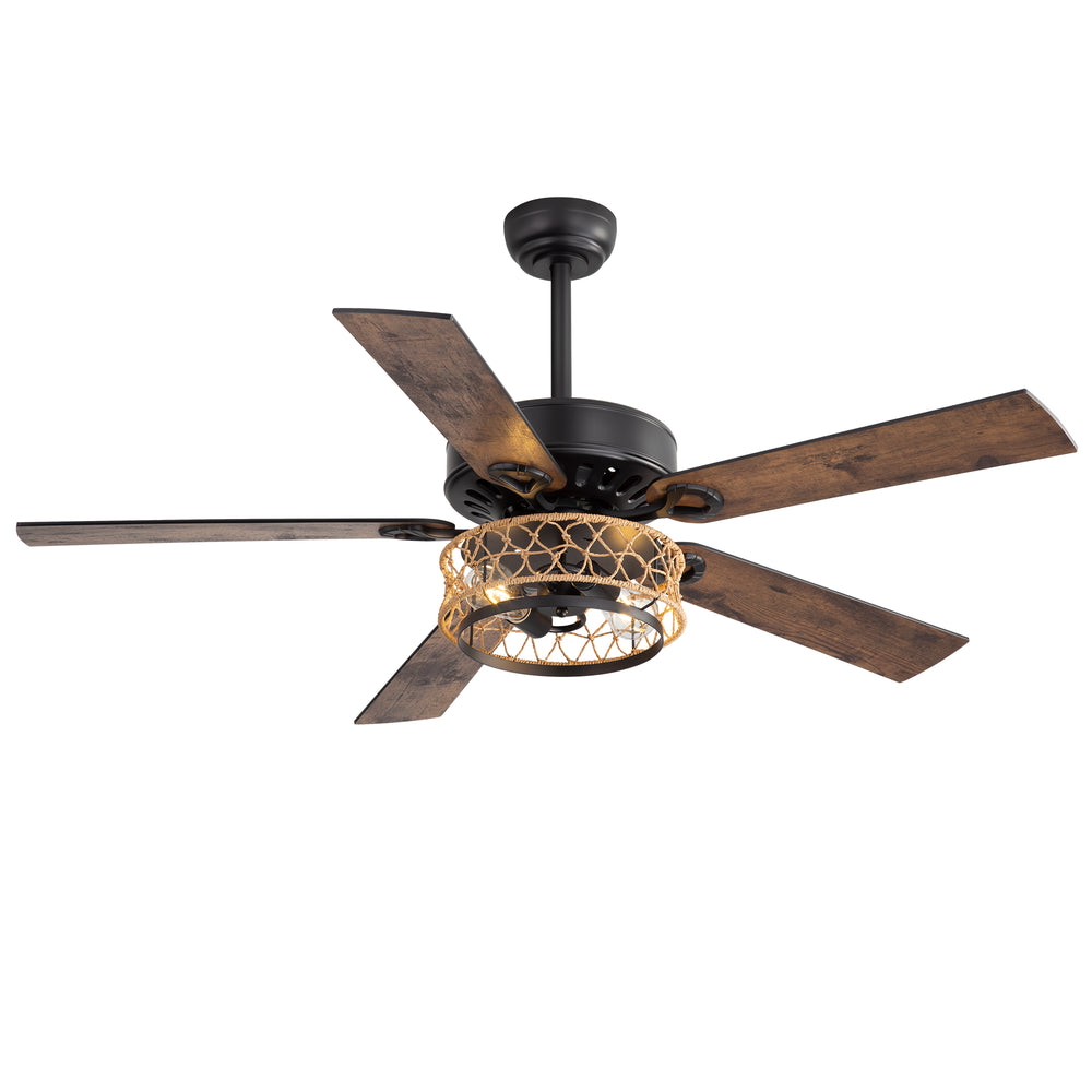 52" Rope Cage Ceiling Fan with Light, Matte Black Finish, Handwoven Rope-Accented Iron Shade, 5 Reversible  Blades, Dual E26 Bulb Base (Bulbs Not Included), Quiet DC Motor, 6 Speeds with Timer, Remote, 5" and 10" Downrods Included, Forward/Reverse Airflow
