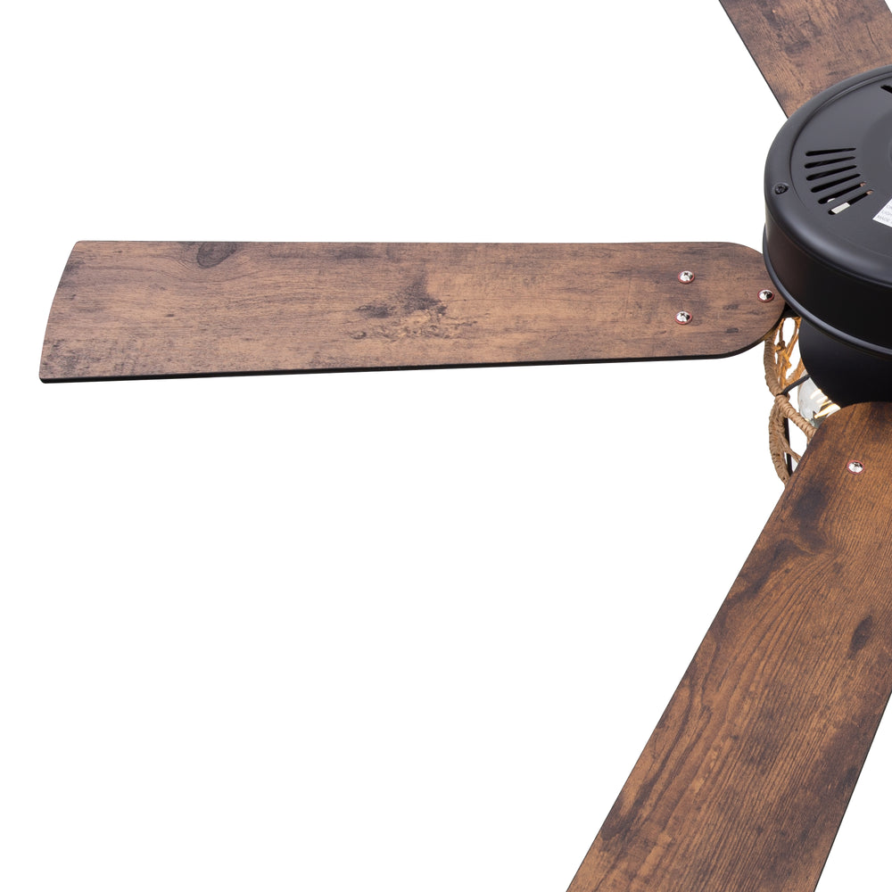 52" Rope Cage Ceiling Fan with Light, Matte Black Finish, Handwoven Rope-Accented Iron Shade, 5 Reversible  Blades, Dual E26 Bulb Base (Bulbs Not Included), Quiet DC Motor, 6 Speeds with Timer, Remote, 5" and 10" Downrods Included, Forward/Reverse Airflow