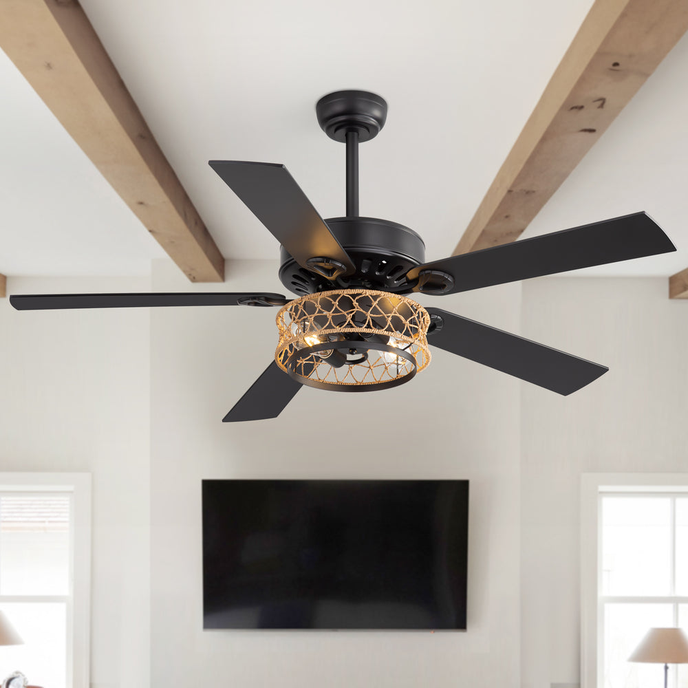 52" Rope Cage Ceiling Fan with Light, Matte Black Finish, Handwoven Rope-Accented Iron Shade, 5 Reversible  Blades, Dual E26 Bulb Base (Bulbs Not Included), Quiet DC Motor, 6 Speeds with Timer, Remote, 5" and 10" Downrods Included, Forward/Reverse Airflow