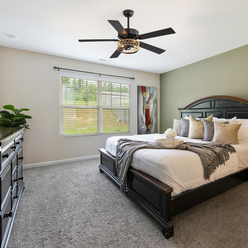 52" Rope Cage Ceiling Fan with Light, Matte Black Finish, Handwoven Rope-Accented Iron Shade, 5 Reversible  Blades, Dual E26 Bulb Base (Bulbs Not Included), Quiet DC Motor, 6 Speeds with Timer, Remote, 5" and 10" Downrods Included, Forward/Reverse Airflow
