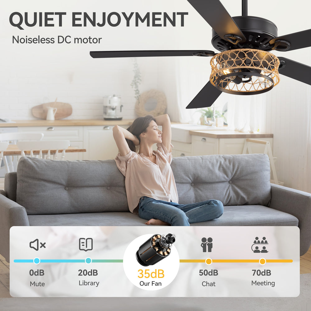 52" Rope Cage Ceiling Fan with Light, Matte Black Finish, Handwoven Rope-Accented Iron Shade, 5 Reversible  Blades, Dual E26 Bulb Base (Bulbs Not Included), Quiet DC Motor, 6 Speeds with Timer, Remote, 5" and 10" Downrods Included, Forward/Reverse Airflow