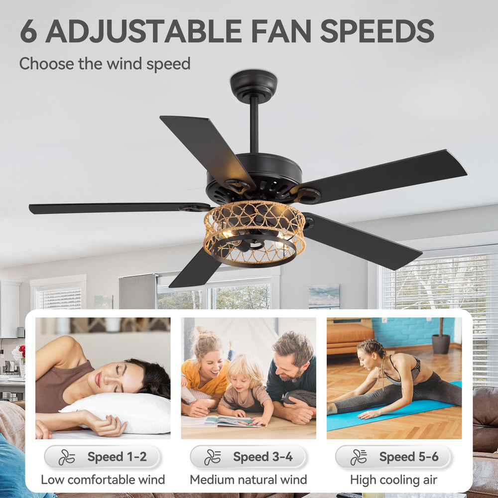 52" Rope Cage Ceiling Fan with Light, Matte Black Finish, Handwoven Rope-Accented Iron Shade, 5 Reversible  Blades, Dual E26 Bulb Base (Bulbs Not Included), Quiet DC Motor, 6 Speeds with Timer, Remote, 5" and 10" Downrods Included, Forward/Reverse Airflow