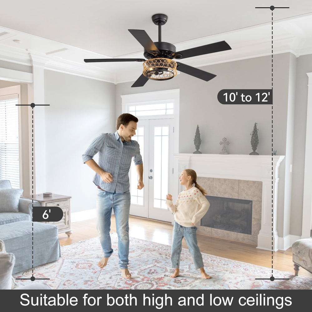 52" Rope Cage Ceiling Fan with Light, Matte Black Finish, Handwoven Rope-Accented Iron Shade, 5 Reversible  Blades, Dual E26 Bulb Base (Bulbs Not Included), Quiet DC Motor, 6 Speeds with Timer, Remote, 5" and 10" Downrods Included, Forward/Reverse Airflow
