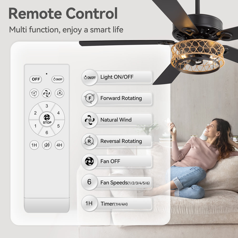 52" Rope Cage Ceiling Fan with Light, Matte Black Finish, Handwoven Rope-Accented Iron Shade, 5 Reversible  Blades, Dual E26 Bulb Base (Bulbs Not Included), Quiet DC Motor, 6 Speeds with Timer, Remote, 5" and 10" Downrods Included, Forward/Reverse Airflow