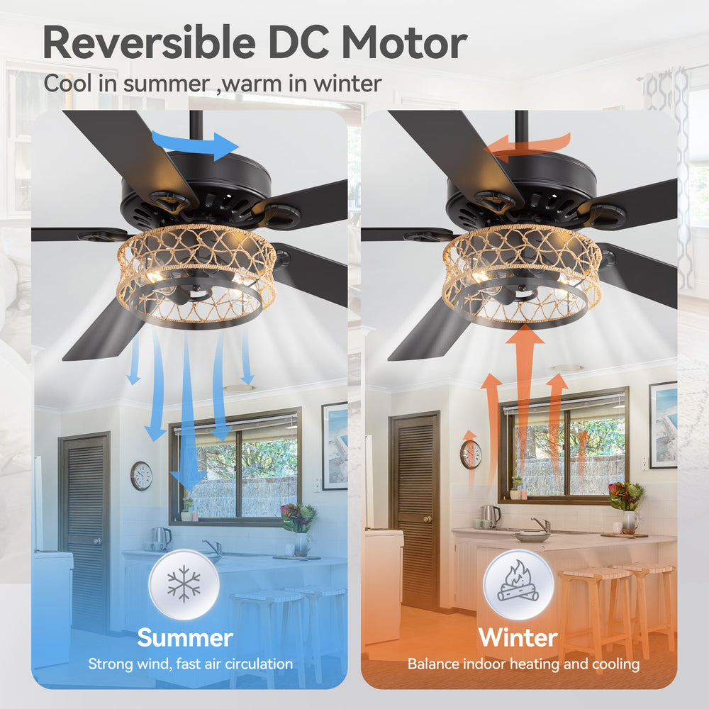 52" Rope Cage Ceiling Fan with Light, Matte Black Finish, Handwoven Rope-Accented Iron Shade, 5 Reversible  Blades, Dual E26 Bulb Base (Bulbs Not Included), Quiet DC Motor, 6 Speeds with Timer, Remote, 5" and 10" Downrods Included, Forward/Reverse Airflow