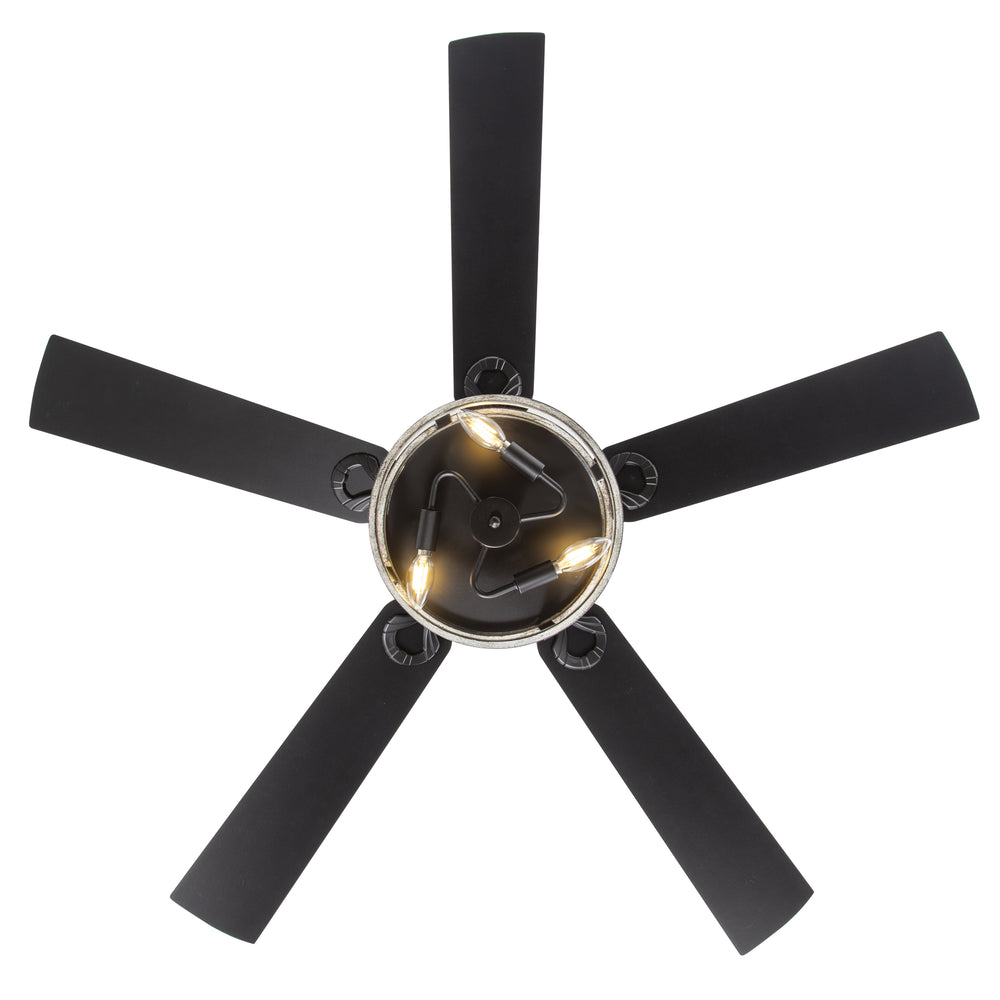 52-Inch Matte Black Industrial Ceiling Fan with Iron Cage Light, 5 Dual-Finish Reversible Plywood Blades, 28W Quiet DC Motor, 6 Speeds, Remote Control, Timer, Reversible Airflow, 5"&10" Downrods