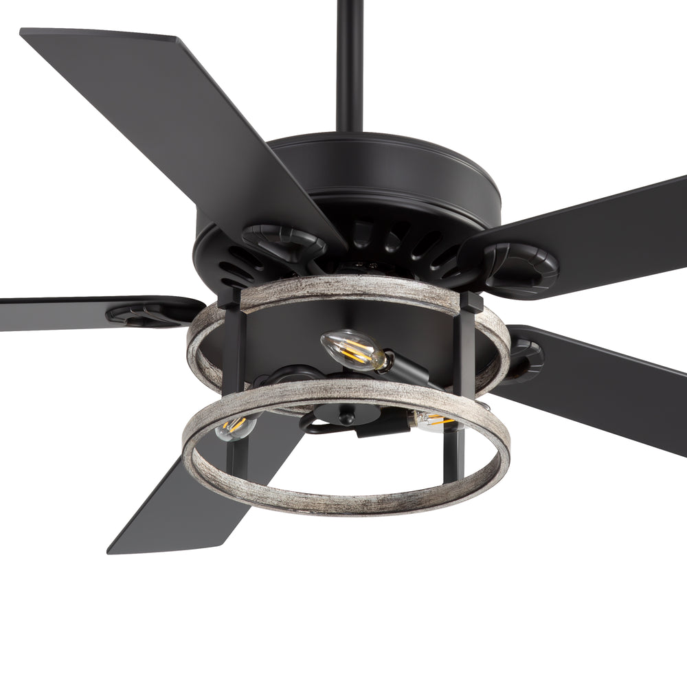 52-Inch Matte Black Industrial Ceiling Fan with Iron Cage Light, 5 Dual-Finish Reversible Plywood Blades, 28W Quiet DC Motor, 6 Speeds, Remote Control, Timer, Reversible Airflow, 5"&10" Downrods