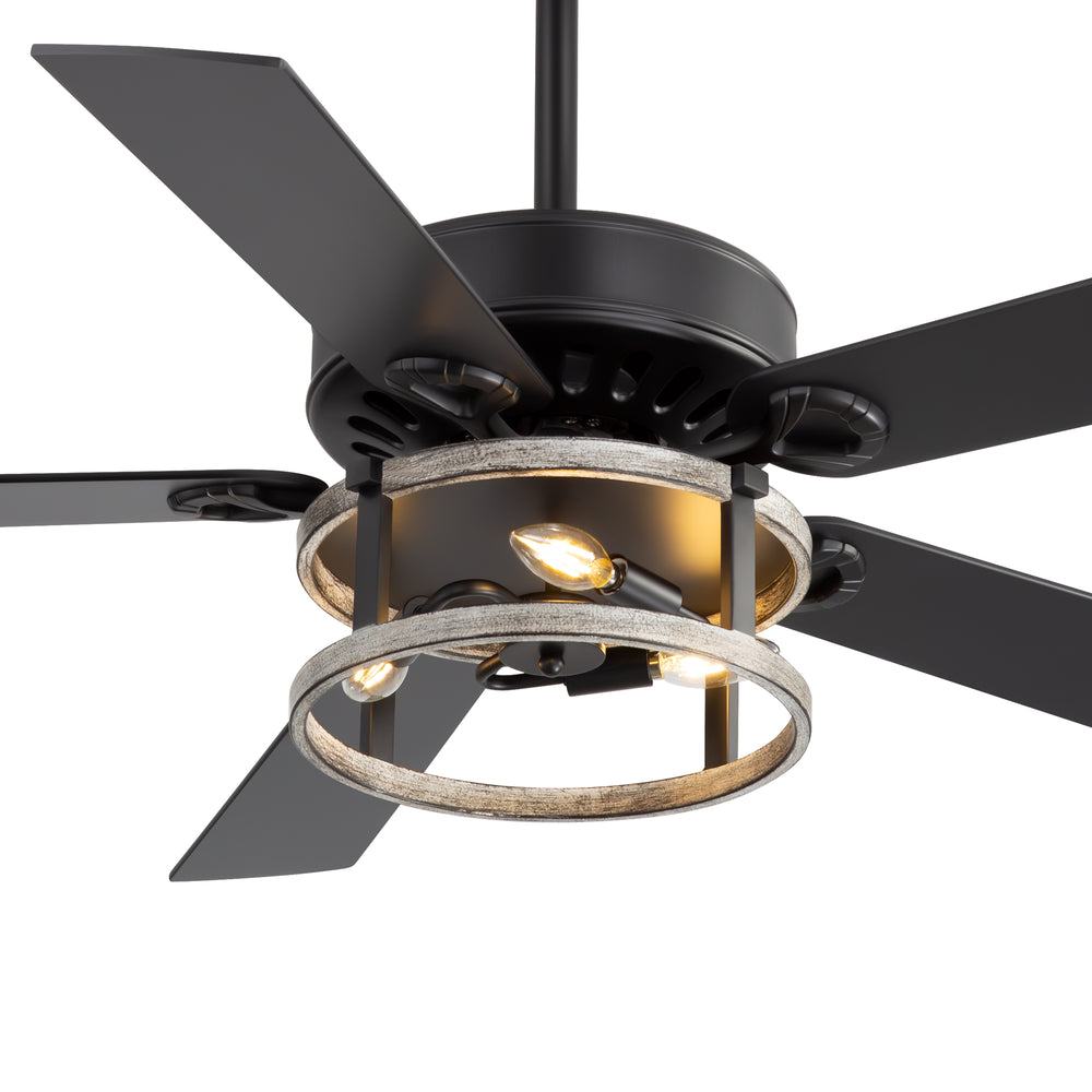 52-Inch Matte Black Industrial Ceiling Fan with Iron Cage Light, 5 Dual-Finish Reversible Plywood Blades, 28W Quiet DC Motor, 6 Speeds, Remote Control, Timer, Reversible Airflow, 5"&10" Downrods