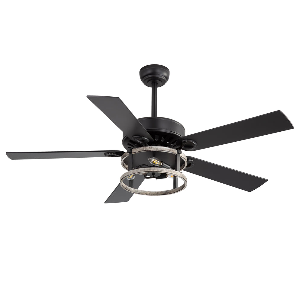 52-Inch Matte Black Industrial Ceiling Fan with Iron Cage Light, 5 Dual-Finish Reversible Plywood Blades, 28W Quiet DC Motor, 6 Speeds, Remote Control, Timer, Reversible Airflow, 5"&10" Downrods
