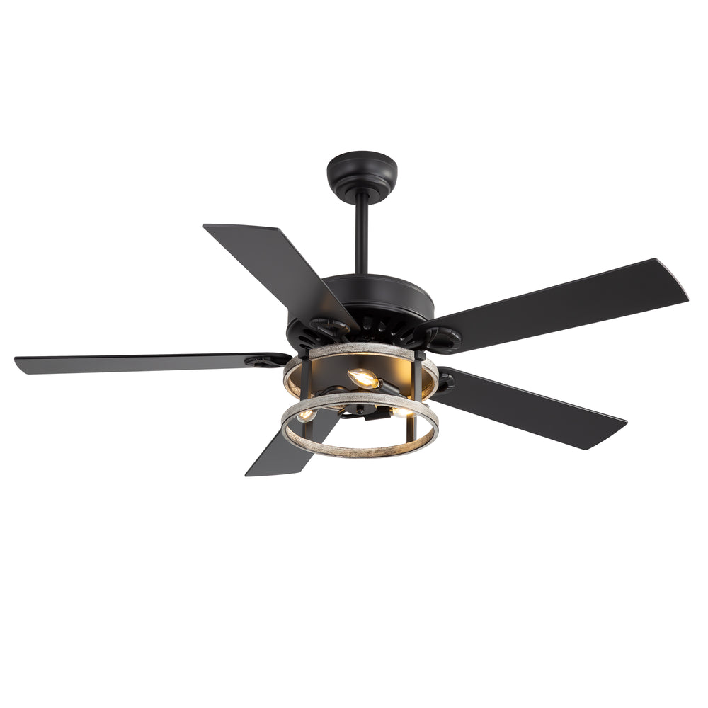 52-Inch Matte Black Industrial Ceiling Fan with Iron Cage Light, 5 Dual-Finish Reversible Plywood Blades, 28W Quiet DC Motor, 6 Speeds, Remote Control, Timer, Reversible Airflow, 5"&10" Downrods