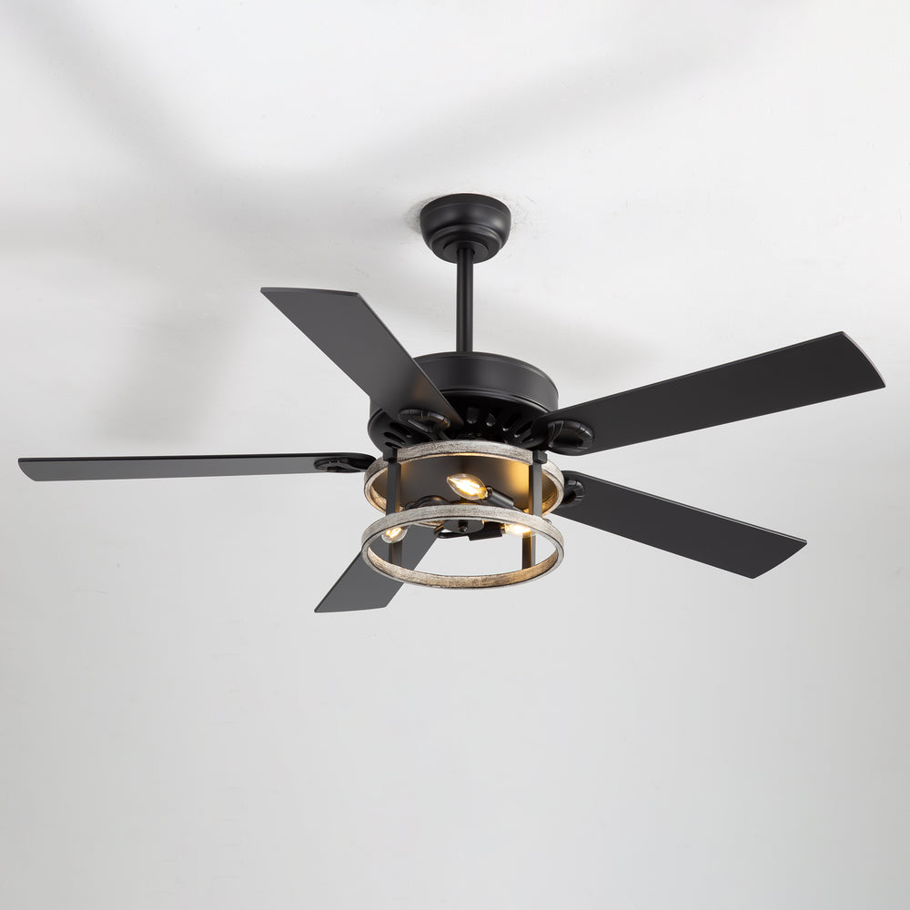 52-Inch Matte Black Industrial Ceiling Fan with Iron Cage Light, 5 Dual-Finish Reversible Plywood Blades, 28W Quiet DC Motor, 6 Speeds, Remote Control, Timer, Reversible Airflow, 5"&10" Downrods