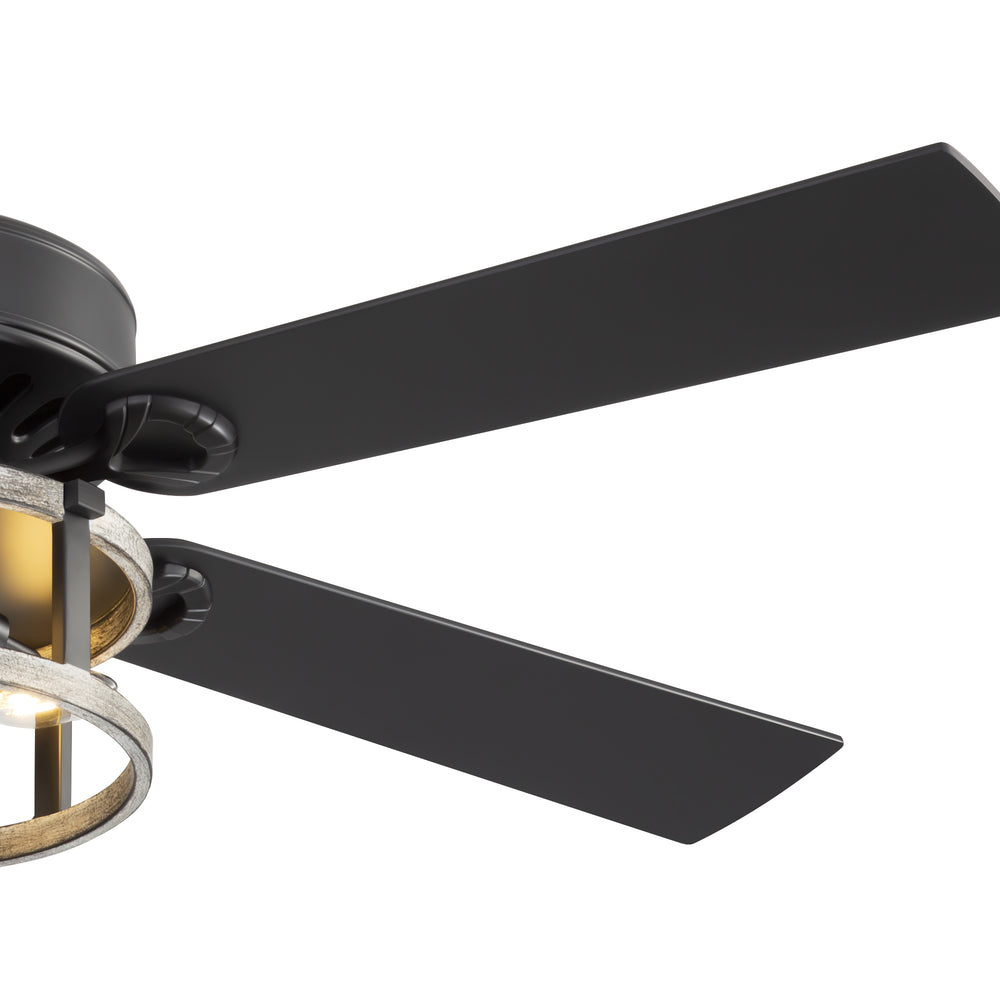 52-Inch Matte Black Industrial Ceiling Fan with Iron Cage Light, 5 Dual-Finish Reversible Plywood Blades, 28W Quiet DC Motor, 6 Speeds, Remote Control, Timer, Reversible Airflow, 5"&10" Downrods