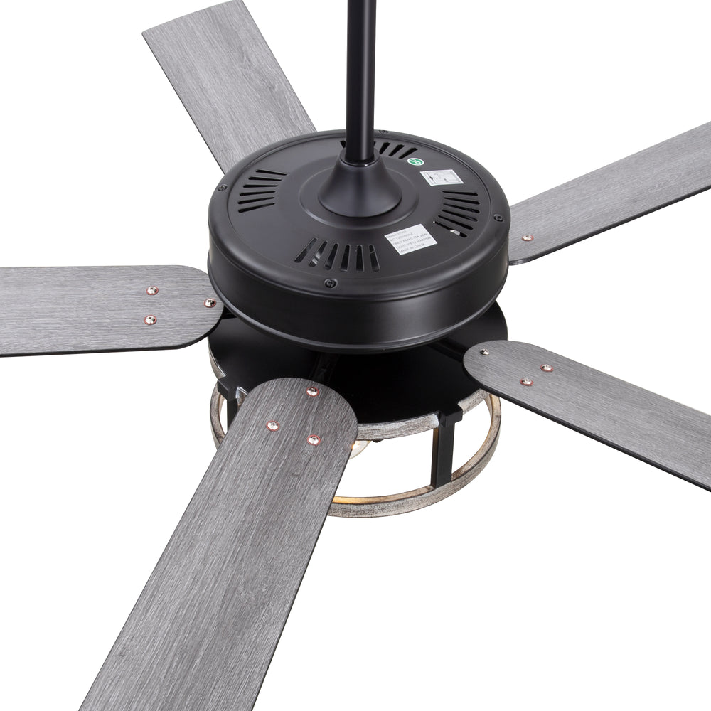 52-Inch Matte Black Industrial Ceiling Fan with Iron Cage Light, 5 Dual-Finish Reversible Plywood Blades, 28W Quiet DC Motor, 6 Speeds, Remote Control, Timer, Reversible Airflow, 5"&10" Downrods