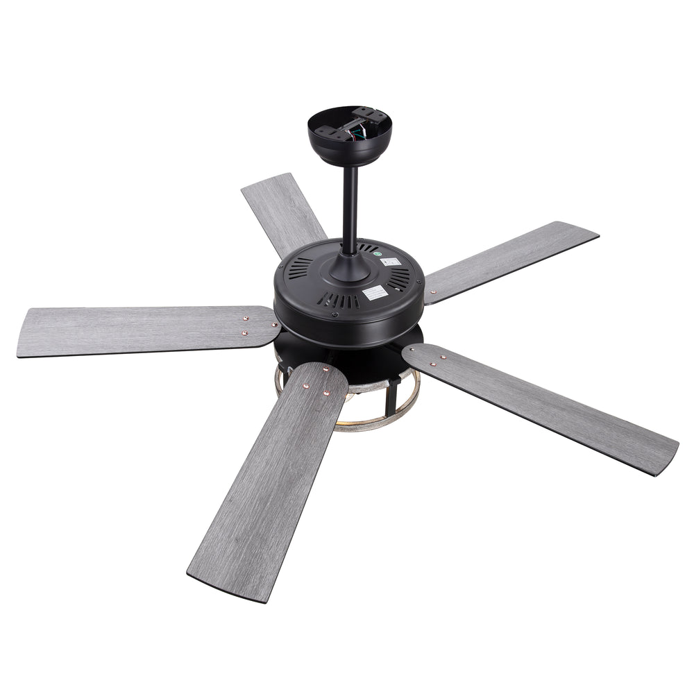 52-Inch Matte Black Industrial Ceiling Fan with Iron Cage Light, 5 Dual-Finish Reversible Plywood Blades, 28W Quiet DC Motor, 6 Speeds, Remote Control, Timer, Reversible Airflow, 5"&10" Downrods