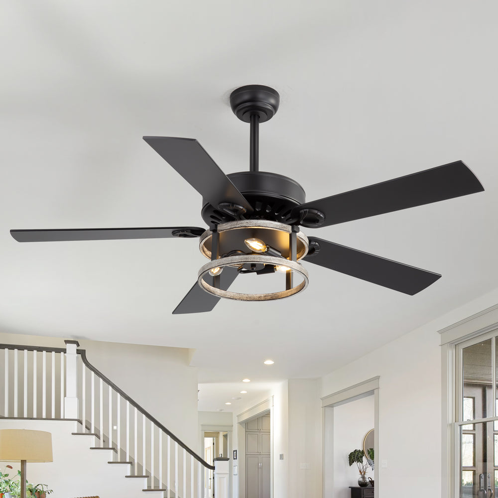 52-Inch Matte Black Industrial Ceiling Fan with Iron Cage Light, 5 Dual-Finish Reversible Plywood Blades, 28W Quiet DC Motor, 6 Speeds, Remote Control, Timer, Reversible Airflow, 5"&10" Downrods