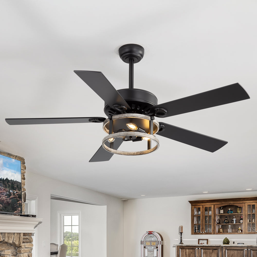 52-Inch Matte Black Industrial Ceiling Fan with Iron Cage Light, 5 Dual-Finish Reversible Plywood Blades, 28W Quiet DC Motor, 6 Speeds, Remote Control, Timer, Reversible Airflow, 5"&10" Downrods