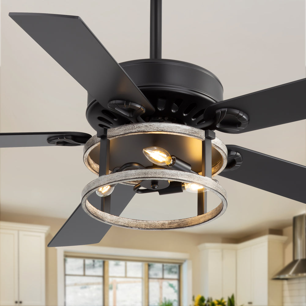 52-Inch Matte Black Industrial Ceiling Fan with Iron Cage Light, 5 Dual-Finish Reversible Plywood Blades, 28W Quiet DC Motor, 6 Speeds, Remote Control, Timer, Reversible Airflow, 5"&10" Downrods