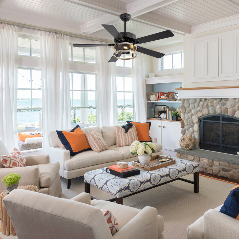 52-Inch Matte Black Industrial Ceiling Fan with Iron Cage Light, 5 Dual-Finish Reversible Plywood Blades, 28W Quiet DC Motor, 6 Speeds, Remote Control, Timer, Reversible Airflow, 5"&10" Downrods