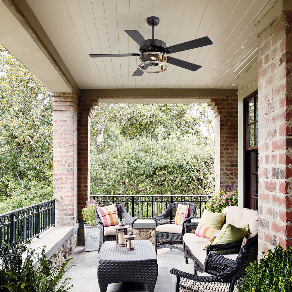 52-Inch Matte Black Industrial Ceiling Fan with Iron Cage Light, 5 Dual-Finish Reversible Plywood Blades, 28W Quiet DC Motor, 6 Speeds, Remote Control, Timer, Reversible Airflow, 5"&10" Downrods