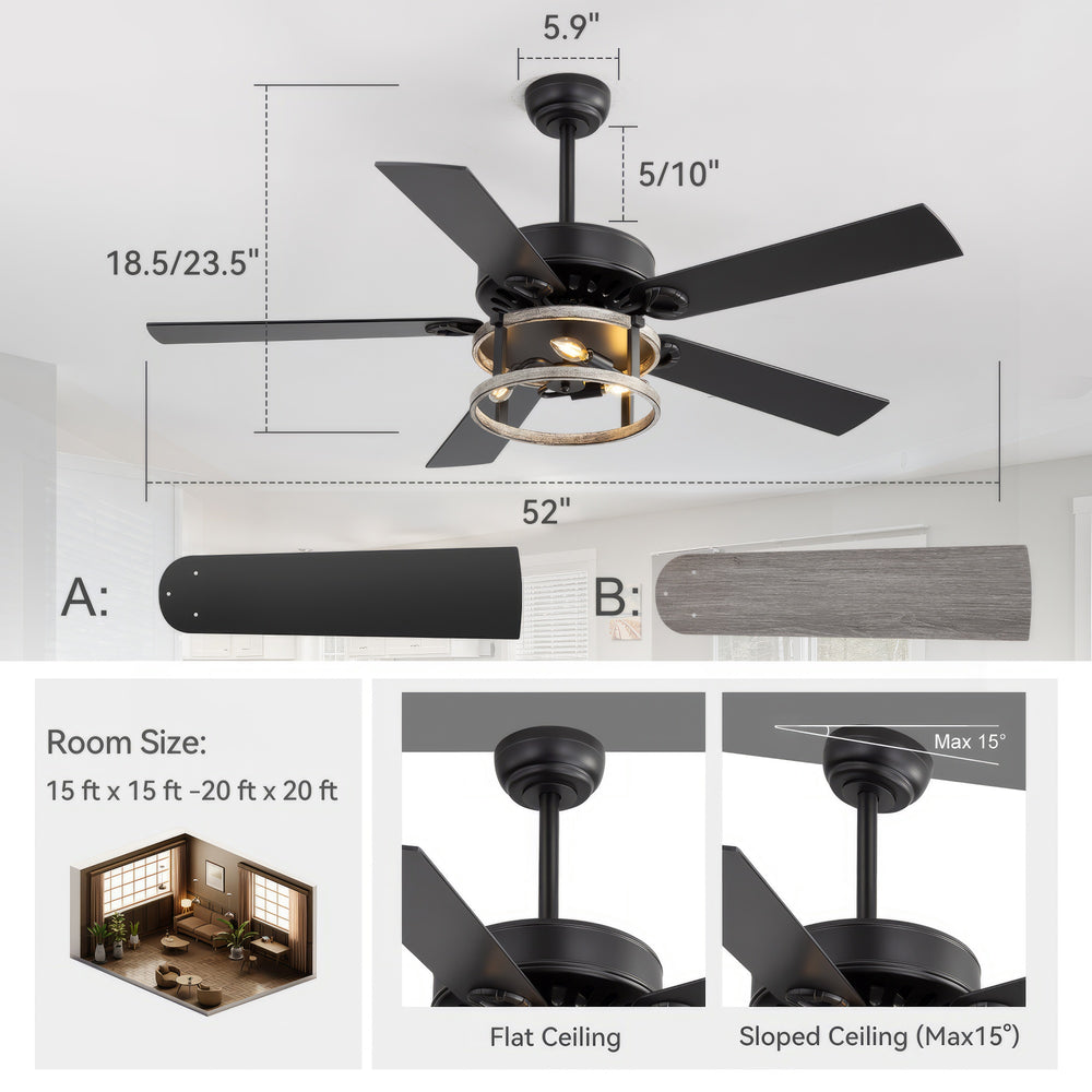 52-Inch Matte Black Industrial Ceiling Fan with Iron Cage Light, 5 Dual-Finish Reversible Plywood Blades, 28W Quiet DC Motor, 6 Speeds, Remote Control, Timer, Reversible Airflow, 5"&10" Downrods