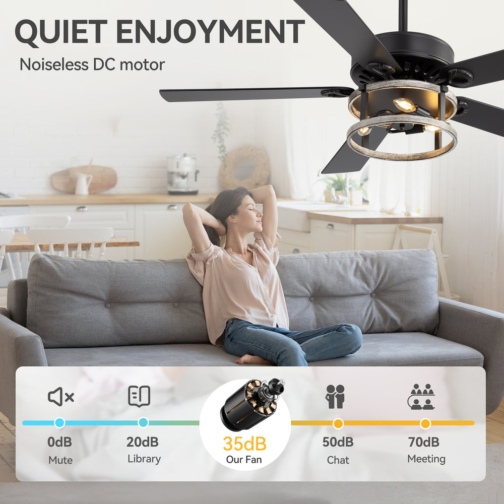 52-Inch Matte Black Industrial Ceiling Fan with Iron Cage Light, 5 Dual-Finish Reversible Plywood Blades, 28W Quiet DC Motor, 6 Speeds, Remote Control, Timer, Reversible Airflow, 5"&10" Downrods