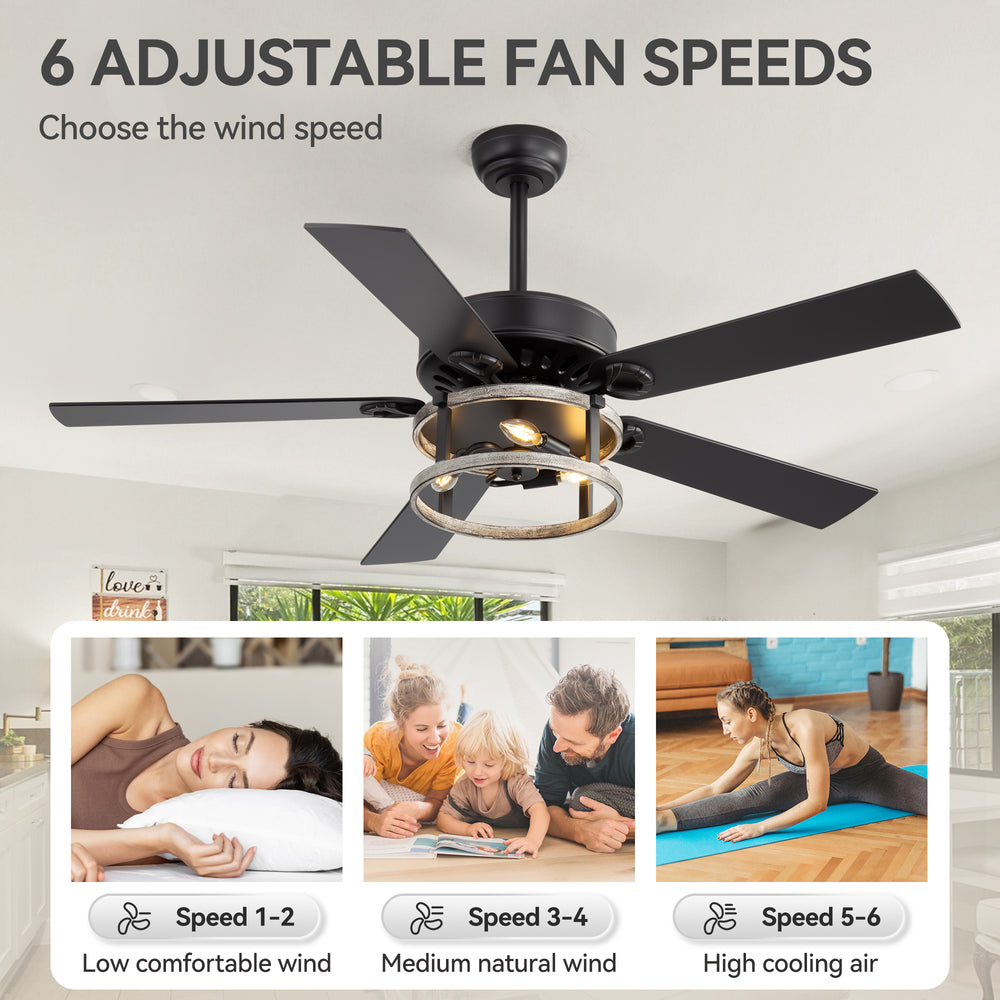 52-Inch Matte Black Industrial Ceiling Fan with Iron Cage Light, 5 Dual-Finish Reversible Plywood Blades, 28W Quiet DC Motor, 6 Speeds, Remote Control, Timer, Reversible Airflow, 5"&10" Downrods