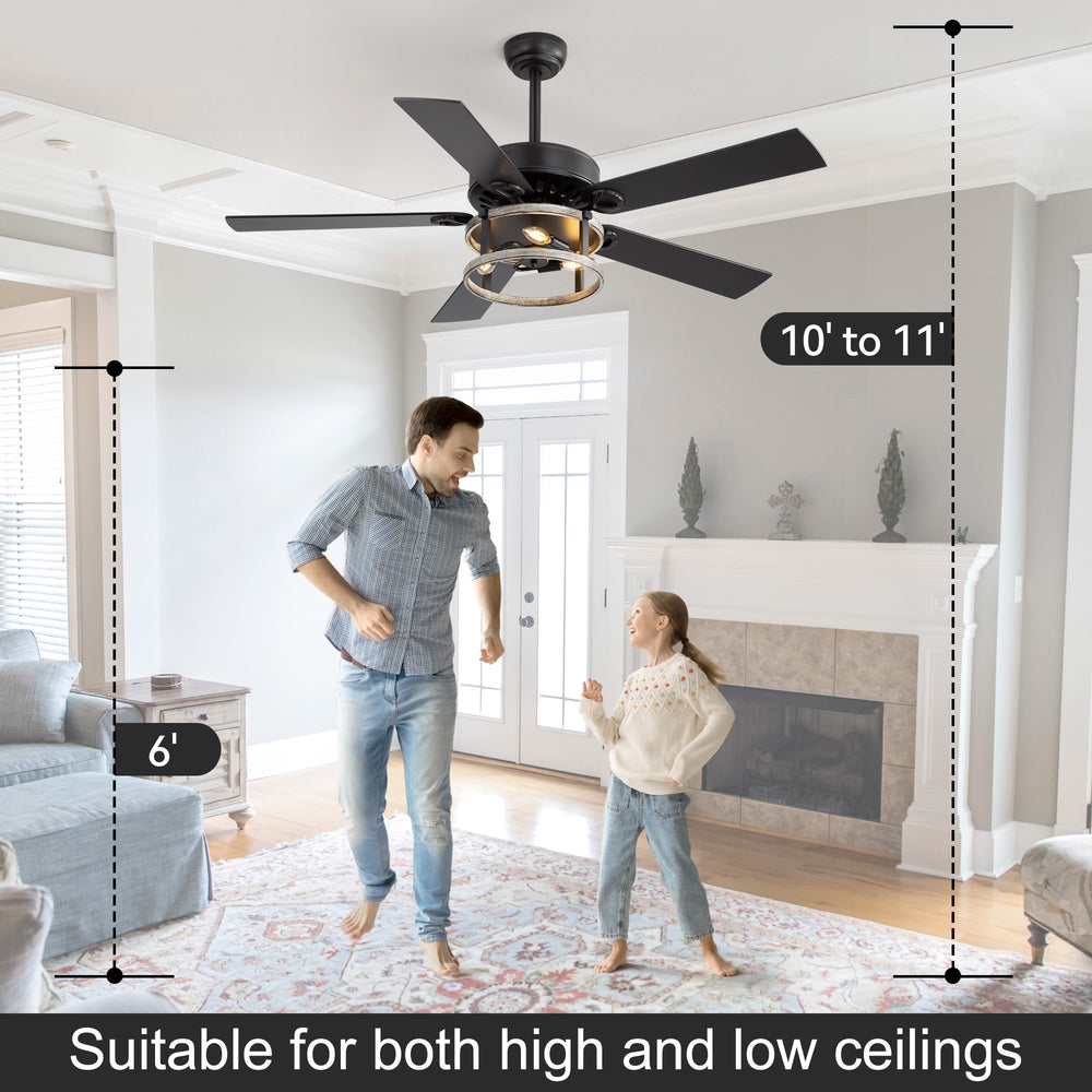 52-Inch Matte Black Industrial Ceiling Fan with Iron Cage Light, 5 Dual-Finish Reversible Plywood Blades, 28W Quiet DC Motor, 6 Speeds, Remote Control, Timer, Reversible Airflow, 5"&10" Downrods