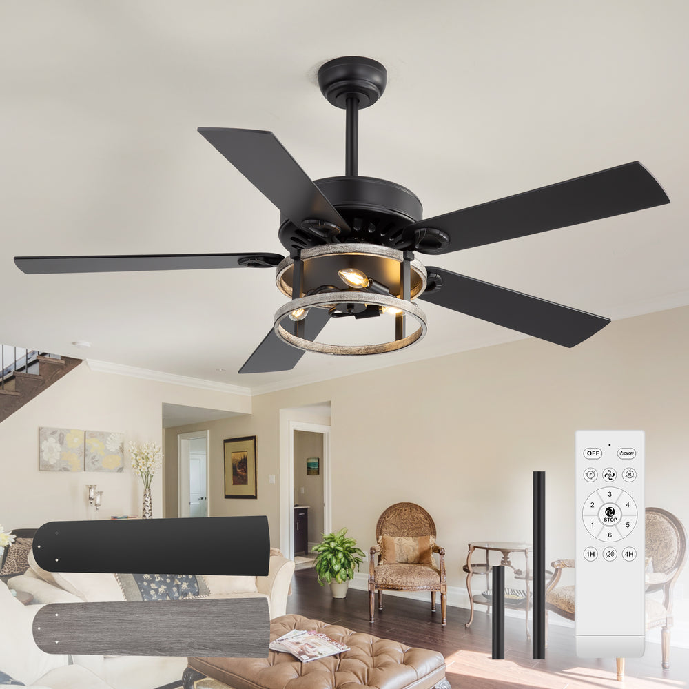 52-Inch Matte Black Industrial Ceiling Fan with Iron Cage Light, 5 Dual-Finish Reversible Plywood Blades, 28W Quiet DC Motor, 6 Speeds, Remote Control, Timer, Reversible Airflow, 5"&10" Downrods