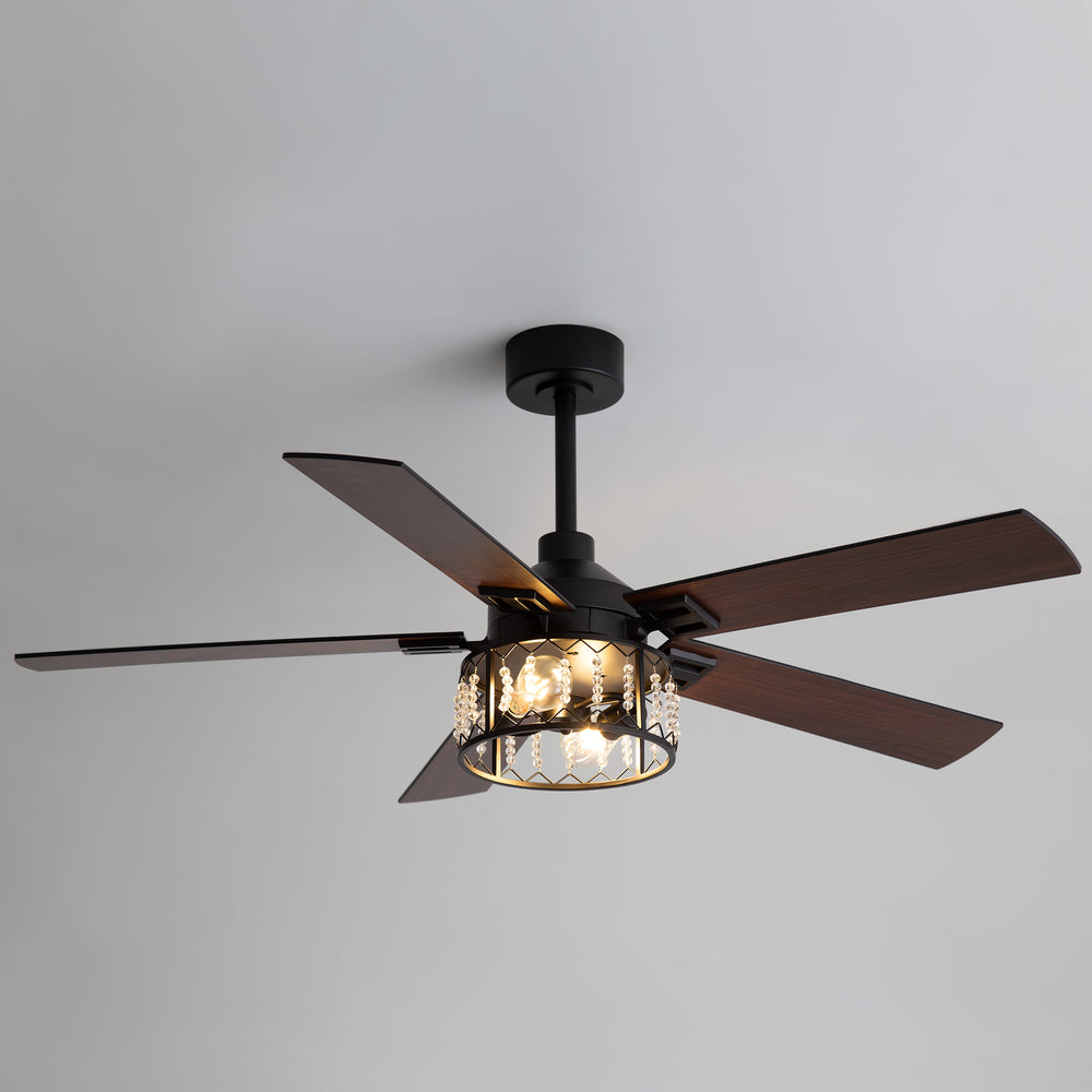 52-inch Crystal Ceiling Fan with Light, Matte Black Finish, 5 Reversible Blades, Dual E26 Bulb Base (Bulbs Not Included), Quiet Energy-Saving DC Motor, 6 Speeds with Timer, Remote Control, 5" and 10" Downrods Included