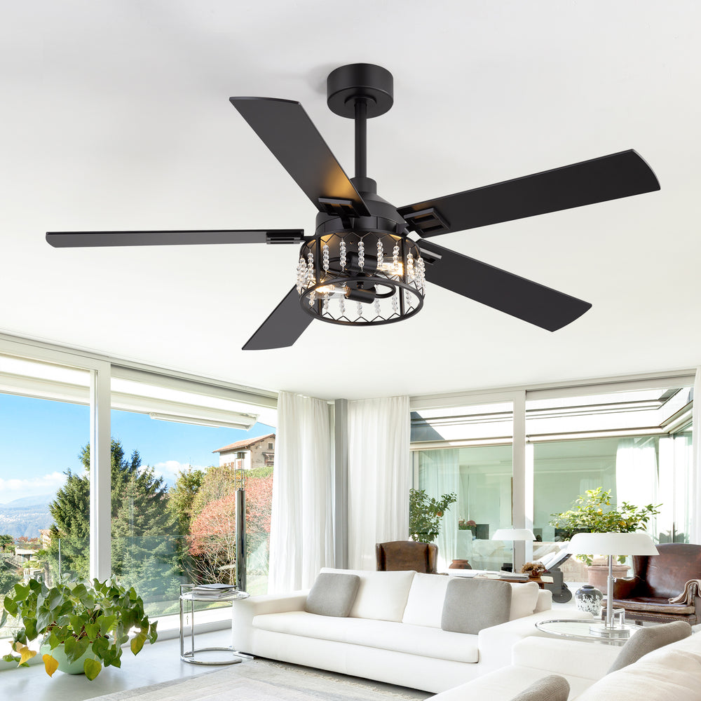 52-inch Crystal Ceiling Fan with Light, Matte Black Finish, 5 Reversible Blades, Dual E26 Bulb Base (Bulbs Not Included), Quiet Energy-Saving DC Motor, 6 Speeds with Timer, Remote Control, 5" and 10" Downrods Included