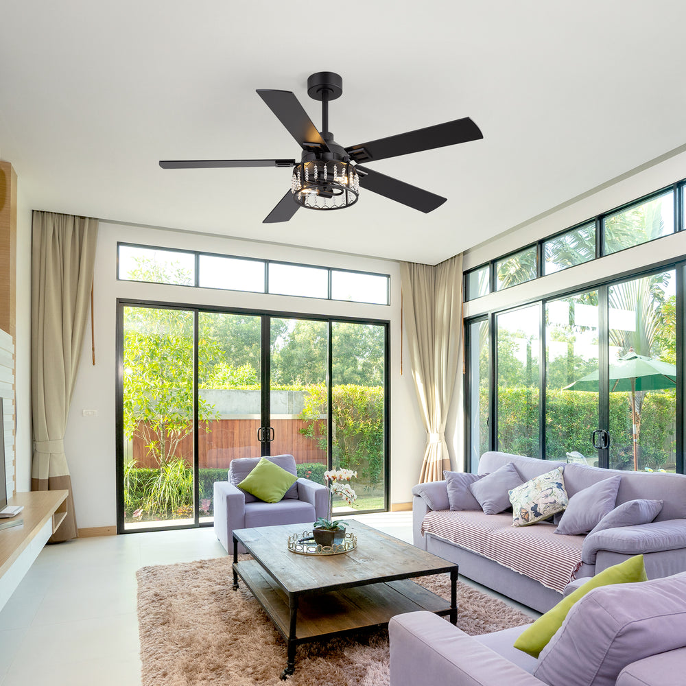 52-inch Crystal Ceiling Fan with Light, Matte Black Finish, 5 Reversible Blades, Dual E26 Bulb Base (Bulbs Not Included), Quiet Energy-Saving DC Motor, 6 Speeds with Timer, Remote Control, 5" and 10" Downrods Included