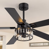 52-inch Crystal Ceiling Fan with Light, Matte Black Finish, 5 Reversible Blades, Dual E26 Bulb Base (Bulbs Not Included), Quiet Energy-Saving DC Motor, 6 Speeds with Timer, Remote Control, 5" and 10" Downrods Included