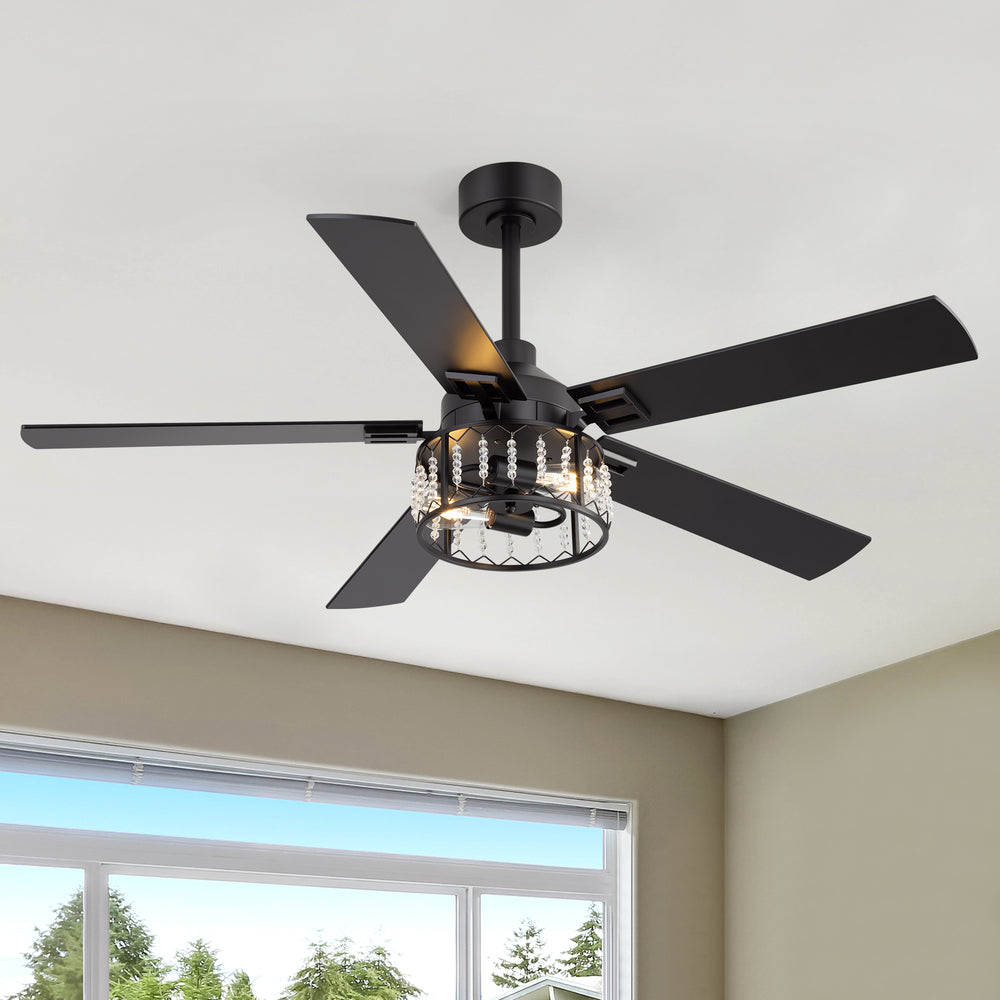 52-inch Crystal Ceiling Fan with Light, Matte Black Finish, 5 Reversible Blades, Dual E26 Bulb Base (Bulbs Not Included), Quiet Energy-Saving DC Motor, 6 Speeds with Timer, Remote Control, 5" and 10" Downrods Included