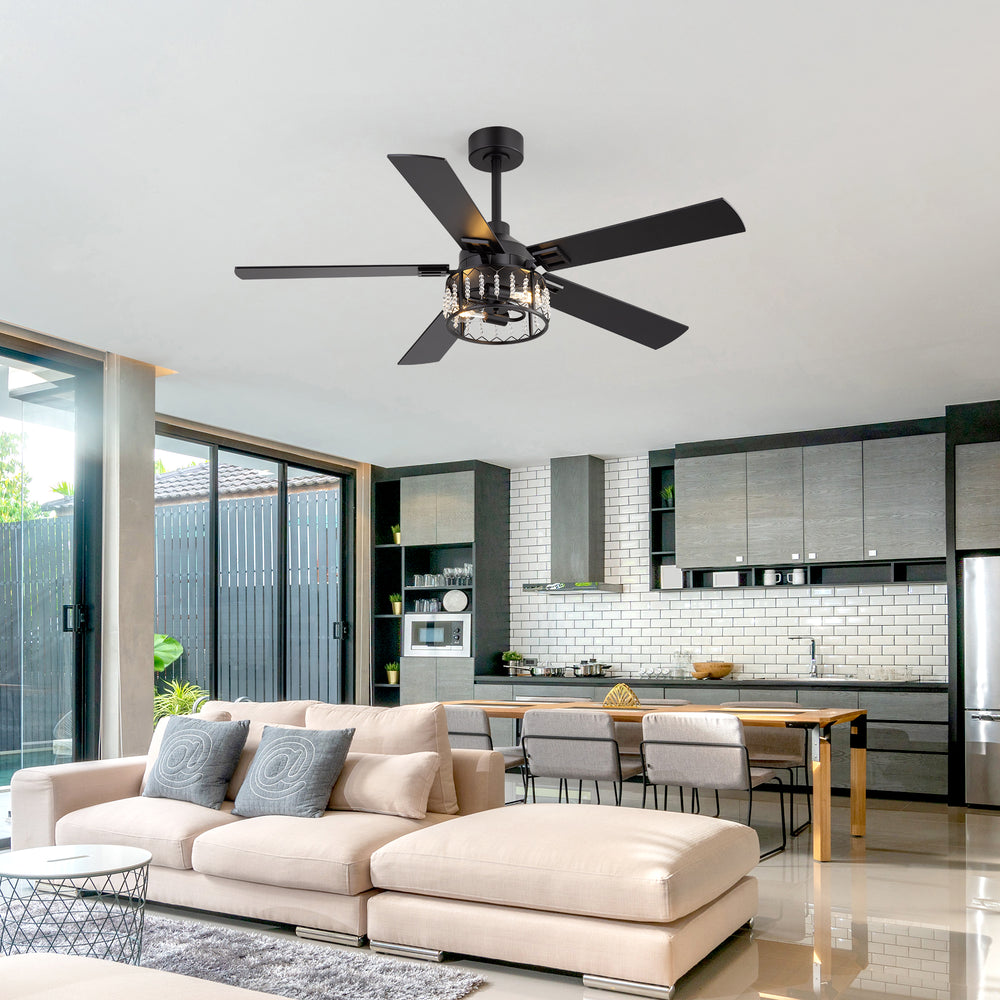 52-inch Crystal Ceiling Fan with Light, Matte Black Finish, 5 Reversible Blades, Dual E26 Bulb Base (Bulbs Not Included), Quiet Energy-Saving DC Motor, 6 Speeds with Timer, Remote Control, 5" and 10" Downrods Included