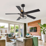 52-inch Crystal Ceiling Fan with Light, Matte Black Finish, 5 Reversible Blades, Dual E26 Bulb Base (Bulbs Not Included), Quiet Energy-Saving DC Motor, 6 Speeds with Timer, Remote Control, 5" and 10" Downrods Included