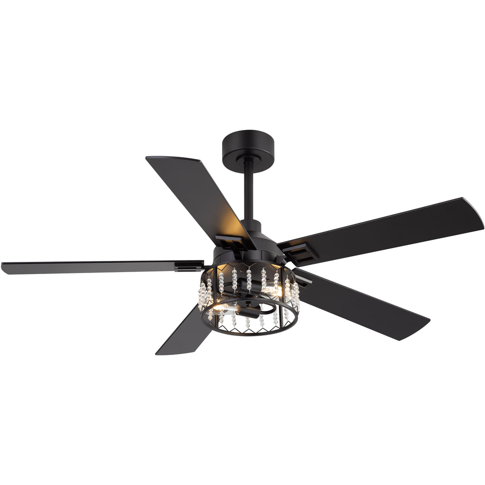 52-inch Crystal Ceiling Fan with Light, Matte Black Finish, 5 Reversible Blades, Dual E26 Bulb Base (Bulbs Not Included), Quiet Energy-Saving DC Motor, 6 Speeds with Timer, Remote Control, 5" and 10" Downrods Included