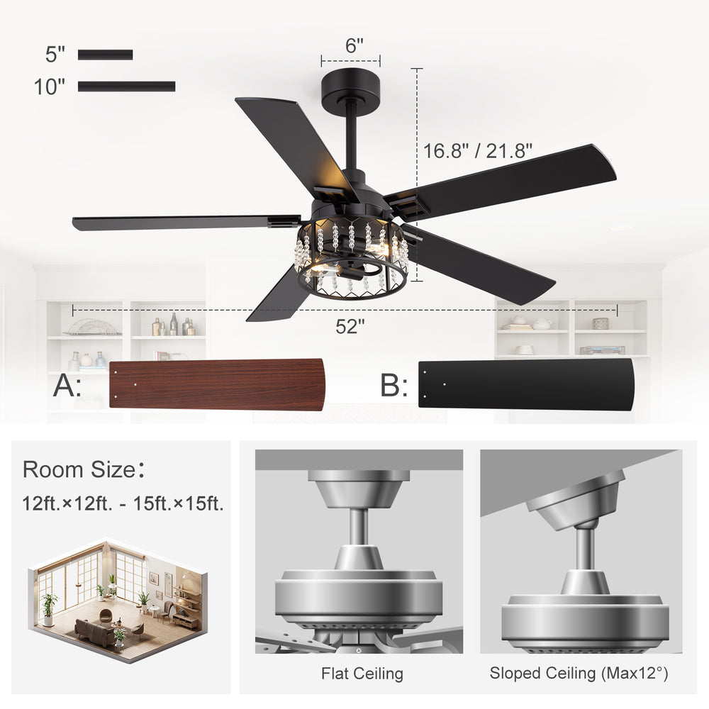 52-inch Crystal Ceiling Fan with Light, Matte Black Finish, 5 Reversible Blades, Dual E26 Bulb Base (Bulbs Not Included), Quiet Energy-Saving DC Motor, 6 Speeds with Timer, Remote Control, 5" and 10" Downrods Included