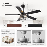 52-inch Crystal Ceiling Fan with Light, Matte Black Finish, 5 Reversible Blades, Dual E26 Bulb Base (Bulbs Not Included), Quiet Energy-Saving DC Motor, 6 Speeds with Timer, Remote Control, 5" and 10" Downrods Included