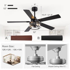 52" Crystal Ceiling Fan with Light, Matte Black Finish, 5 Reversible Blades, Dual E26 Bulb Base (Bulbs Not Included), Quiet Energy-Saving DC Motor, 6 Speeds with Timer, Remote Control, 5" and 10" Downrods Included