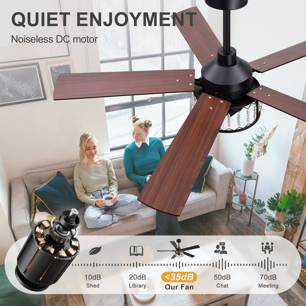 52-inch Crystal Ceiling Fan with Light, Matte Black Finish, 5 Reversible Blades, Dual E26 Bulb Base (Bulbs Not Included), Quiet Energy-Saving DC Motor, 6 Speeds with Timer, Remote Control, 5" and 10" Downrods Included