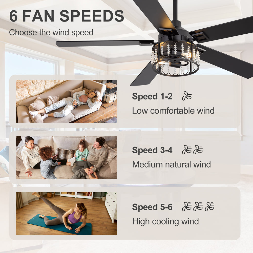 52-inch Crystal Ceiling Fan with Light, Matte Black Finish, 5 Reversible Blades, Dual E26 Bulb Base (Bulbs Not Included), Quiet Energy-Saving DC Motor, 6 Speeds with Timer, Remote Control, 5" and 10" Downrods Included