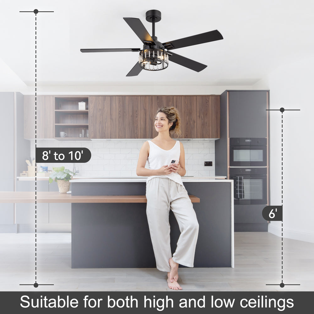 52-inch Crystal Ceiling Fan with Light, Matte Black Finish, 5 Reversible Blades, Dual E26 Bulb Base (Bulbs Not Included), Quiet Energy-Saving DC Motor, 6 Speeds with Timer, Remote Control, 5" and 10" Downrods Included