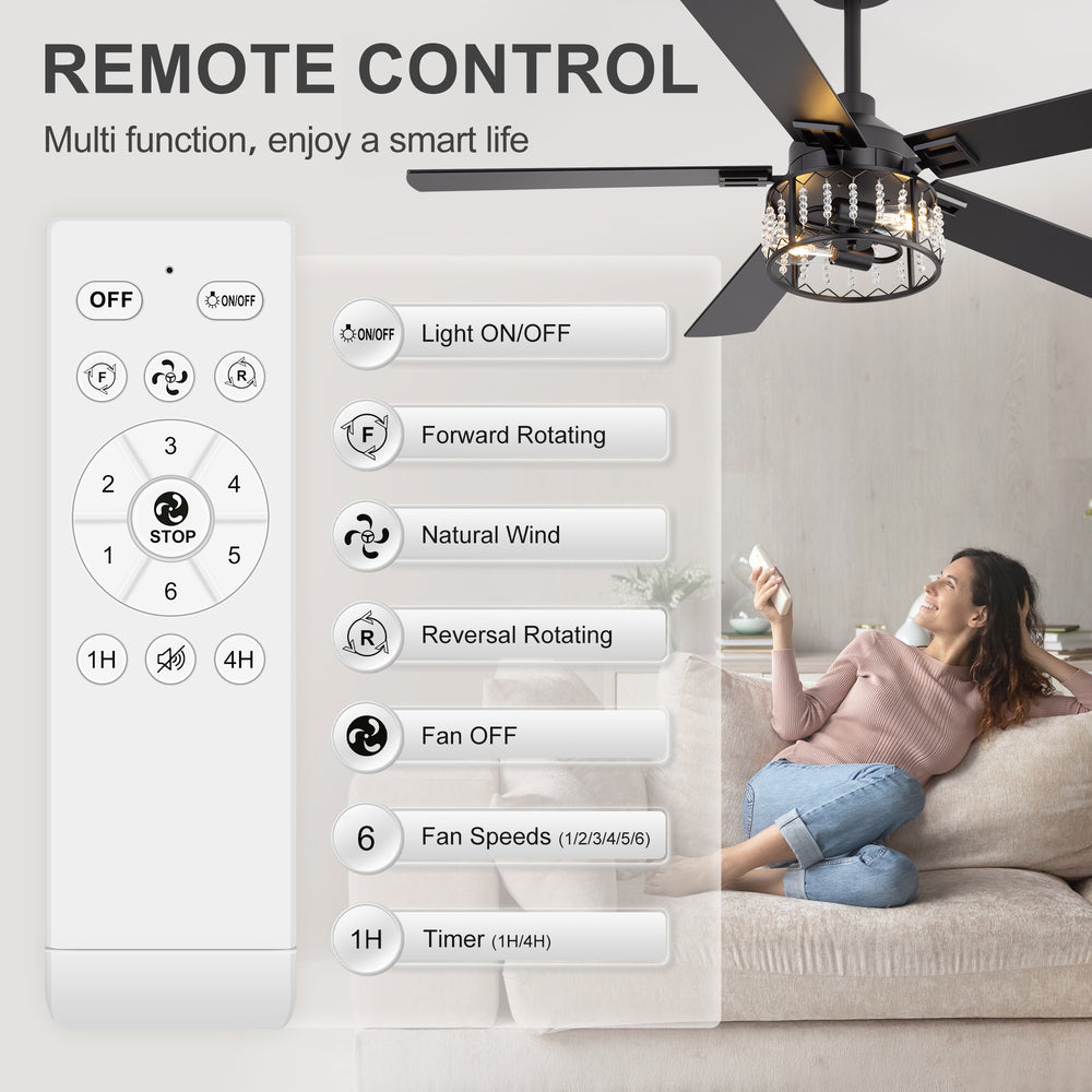 52-inch Crystal Ceiling Fan with Light, Matte Black Finish, 5 Reversible Blades, Dual E26 Bulb Base (Bulbs Not Included), Quiet Energy-Saving DC Motor, 6 Speeds with Timer, Remote Control, 5" and 10" Downrods Included