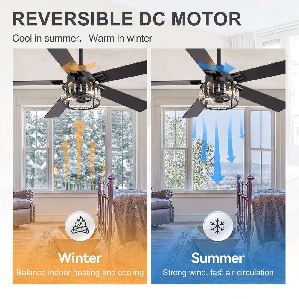 52-inch Crystal Ceiling Fan with Light, Matte Black Finish, 5 Reversible Blades, Dual E26 Bulb Base (Bulbs Not Included), Quiet Energy-Saving DC Motor, 6 Speeds with Timer, Remote Control, 5" and 10" Downrods Included