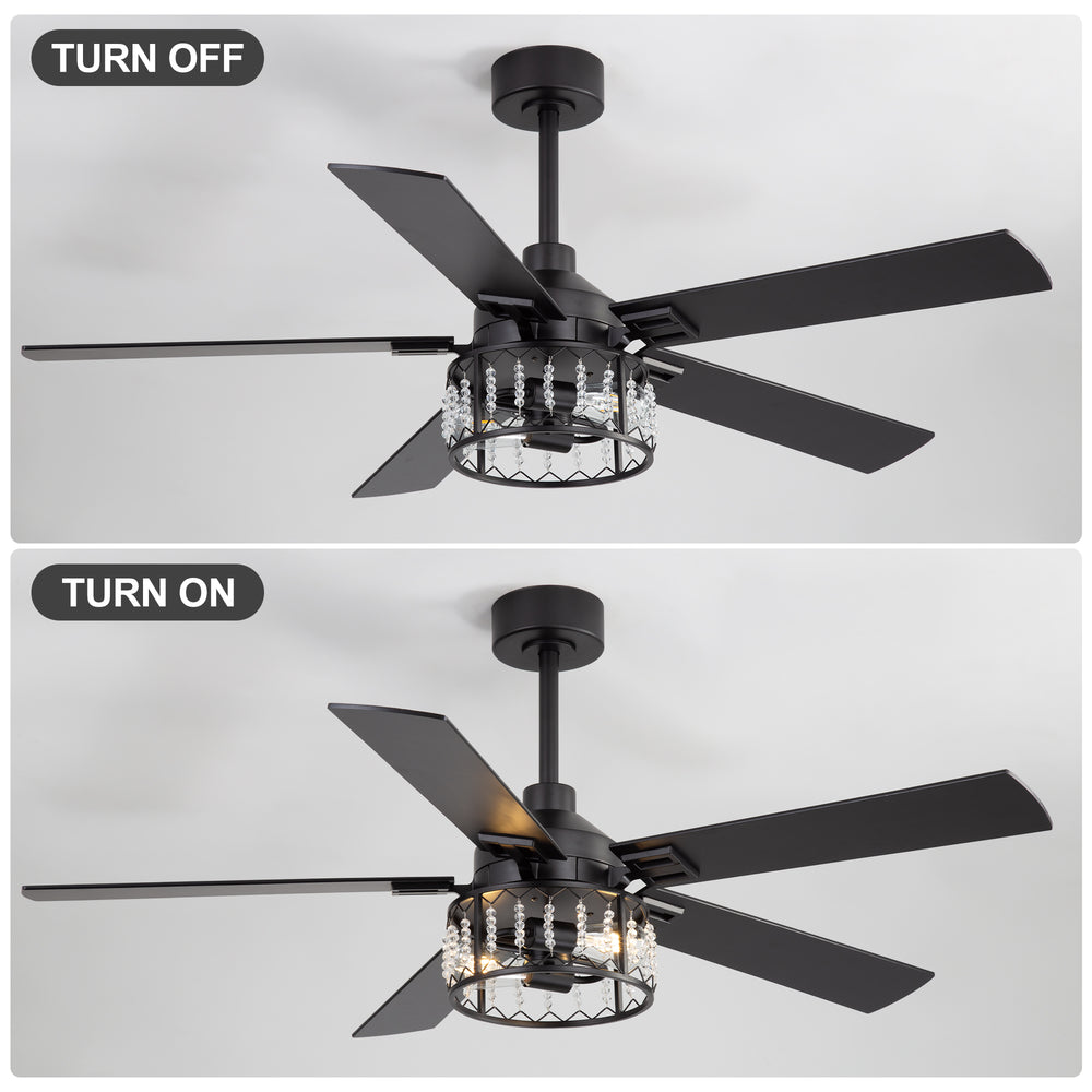 52-inch Crystal Ceiling Fan with Light, Matte Black Finish, 5 Reversible Blades, Dual E26 Bulb Base (Bulbs Not Included), Quiet Energy-Saving DC Motor, 6 Speeds with Timer, Remote Control, 5" and 10" Downrods Included