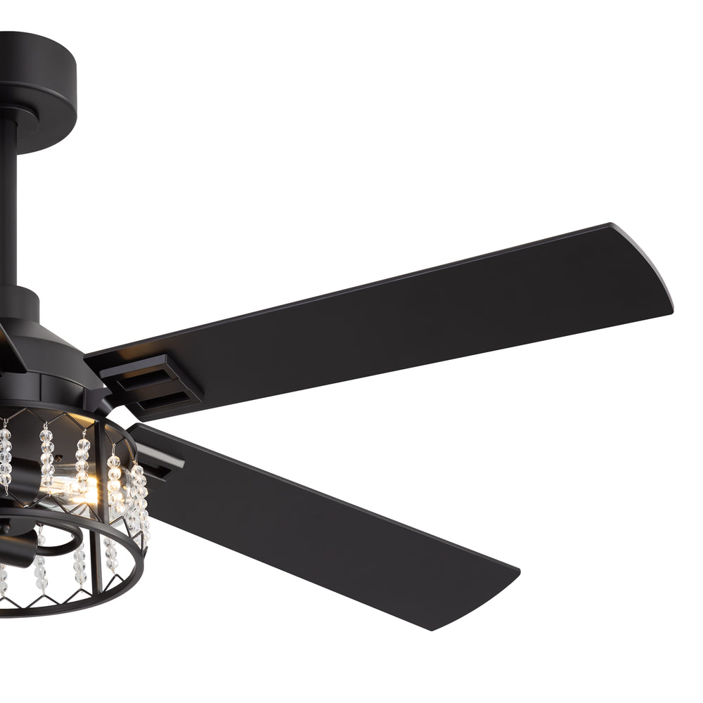 52-inch Crystal Ceiling Fan with Light, Matte Black Finish, 5 Reversible Blades, Dual E26 Bulb Base (Bulbs Not Included), Quiet Energy-Saving DC Motor, 6 Speeds with Timer, Remote Control, 5" and 10" Downrods Included