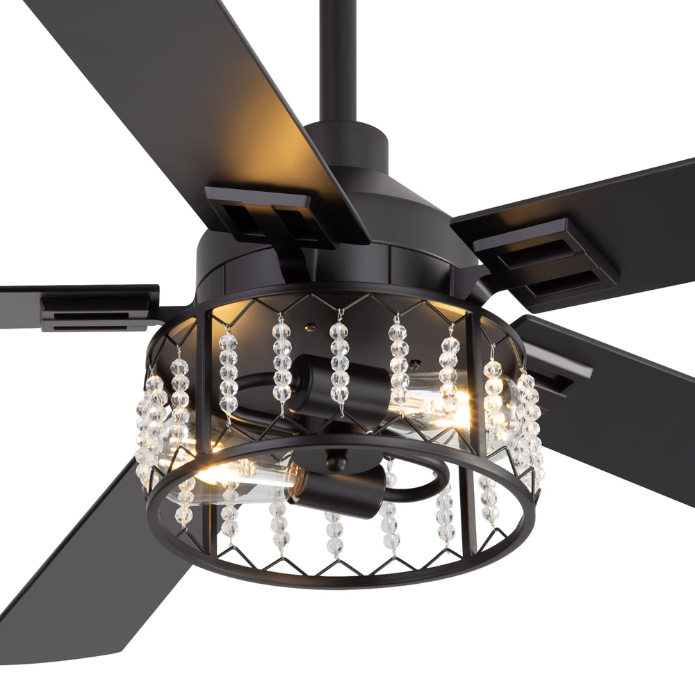52-inch Crystal Ceiling Fan with Light, Matte Black Finish, 5 Reversible Blades, Dual E26 Bulb Base (Bulbs Not Included), Quiet Energy-Saving DC Motor, 6 Speeds with Timer, Remote Control, 5" and 10" Downrods Included
