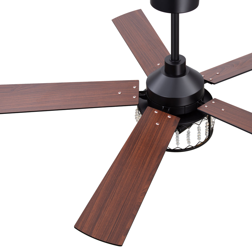 52-inch Crystal Ceiling Fan with Light, Matte Black Finish, 5 Reversible Blades, Dual E26 Bulb Base (Bulbs Not Included), Quiet Energy-Saving DC Motor, 6 Speeds with Timer, Remote Control, 5" and 10" Downrods Included